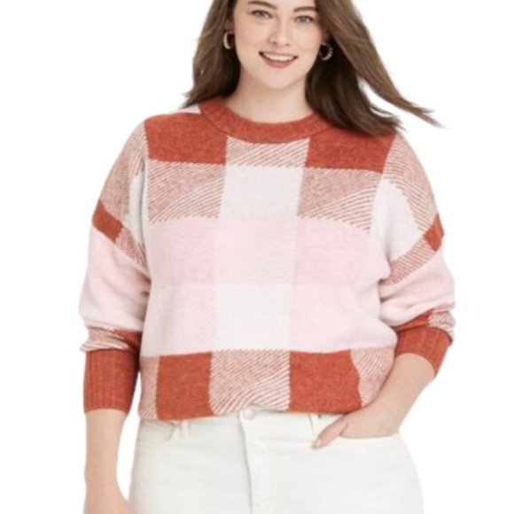 a new day Sweaters - A New Day Brown Cream Plaid Crewneck Pullover Sweater Size Medium NWT